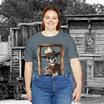 Spooky Saloon Showdown Gunslinging Skeleton Cowboy Halloween Unisex Jersey Short Sleeve Tee