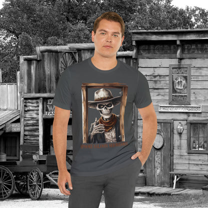 Spooky Saloon Showdown Gunslinging Skeleton Cowboy Halloween Unisex Jersey Short Sleeve Tee