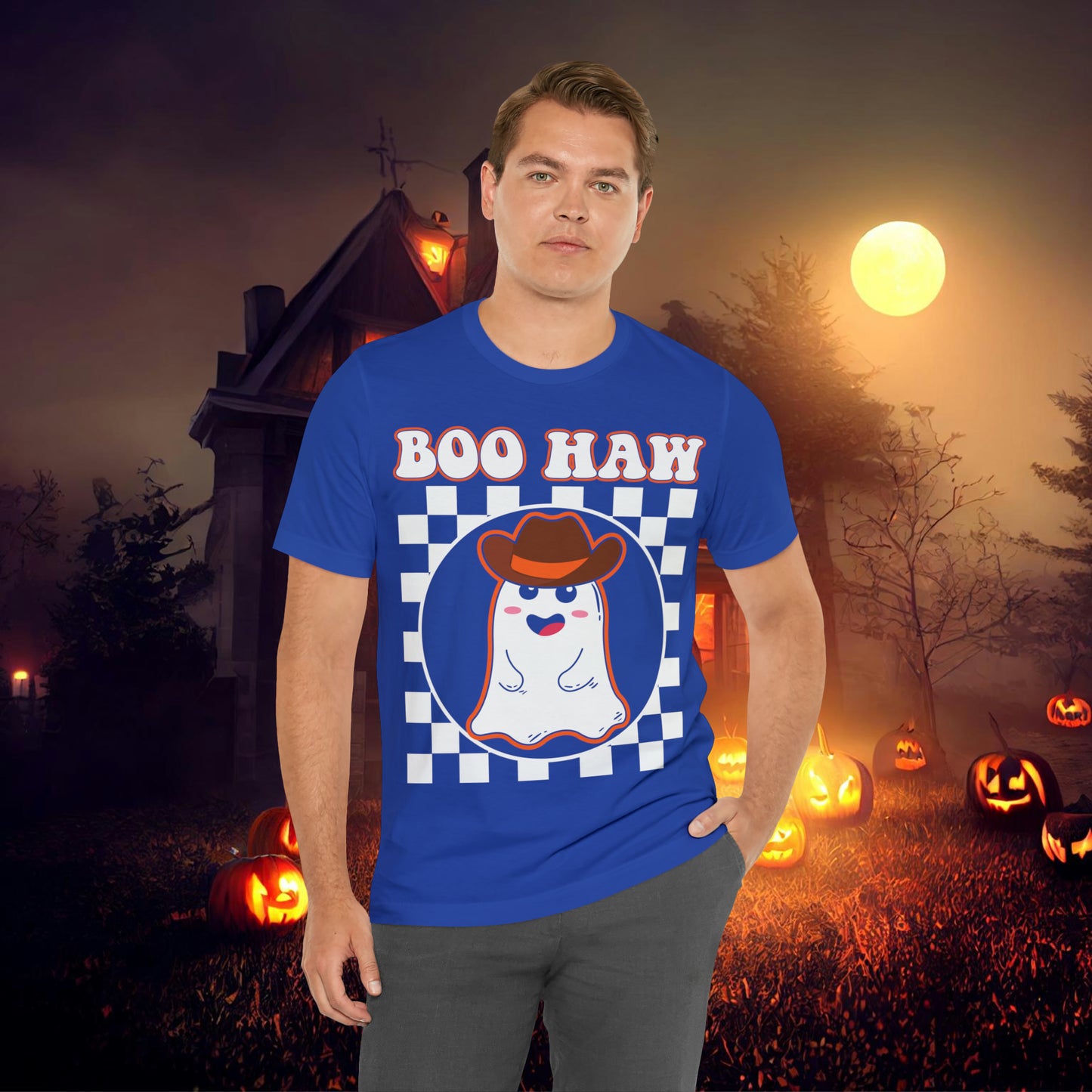 Cute Cowboy Ghost Saying Boo Haw Retro Groovy Western Halloween Unisex Jersey Short Sleeve Tee Gifts for Him Gifts For Her