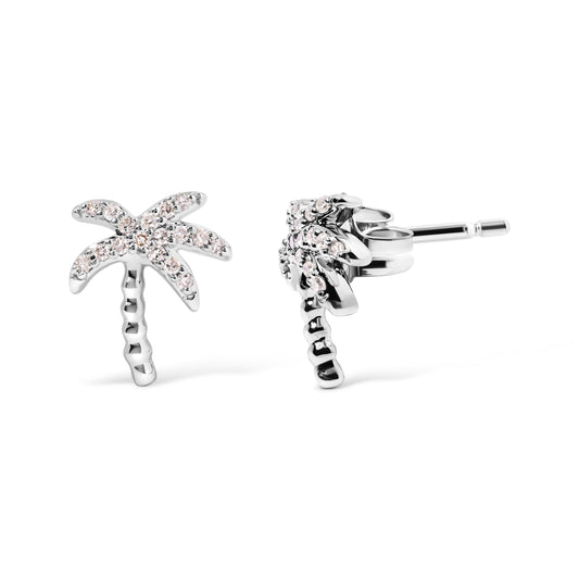 10K White Gold 1/10 Cttw Diamond  Encrusted Palm Tree Stud Earrings (H-I Color, I1-I2 Clarity)