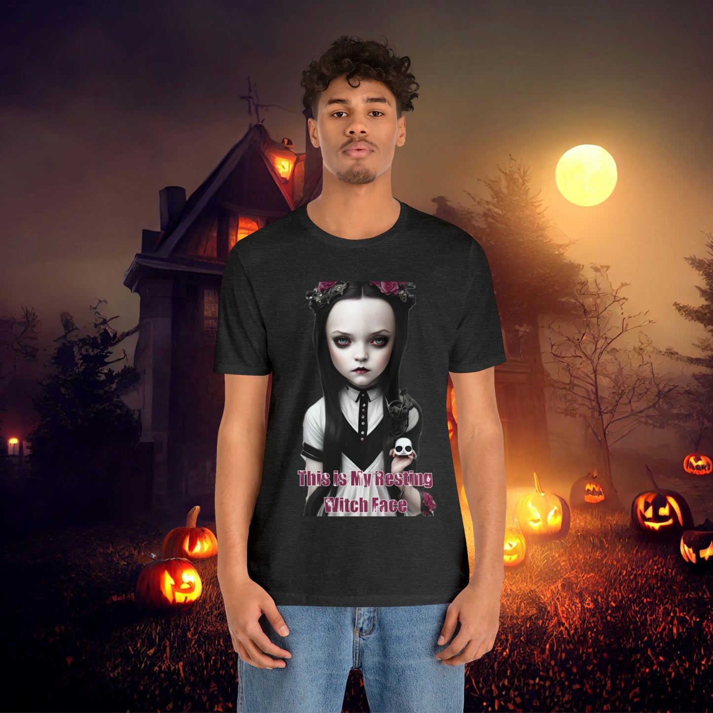 Wednesday Addams Chibi by Charlie Bowater This Is my Resting Witch Face Halloween Unisex Jersey Short Sleeve Tee