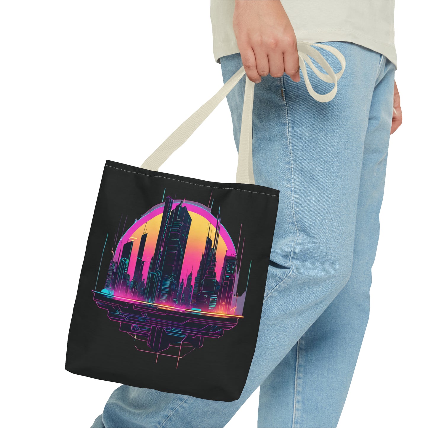 Cyberpunk City Landscape AOP Tote Bag 3 sizes 5 color handle options