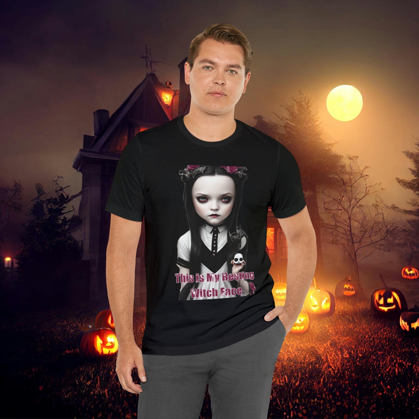 Wednesday Addams Chibi by Charlie Bowater This Is my Resting Witch Face Halloween Unisex Jersey Short Sleeve Tee