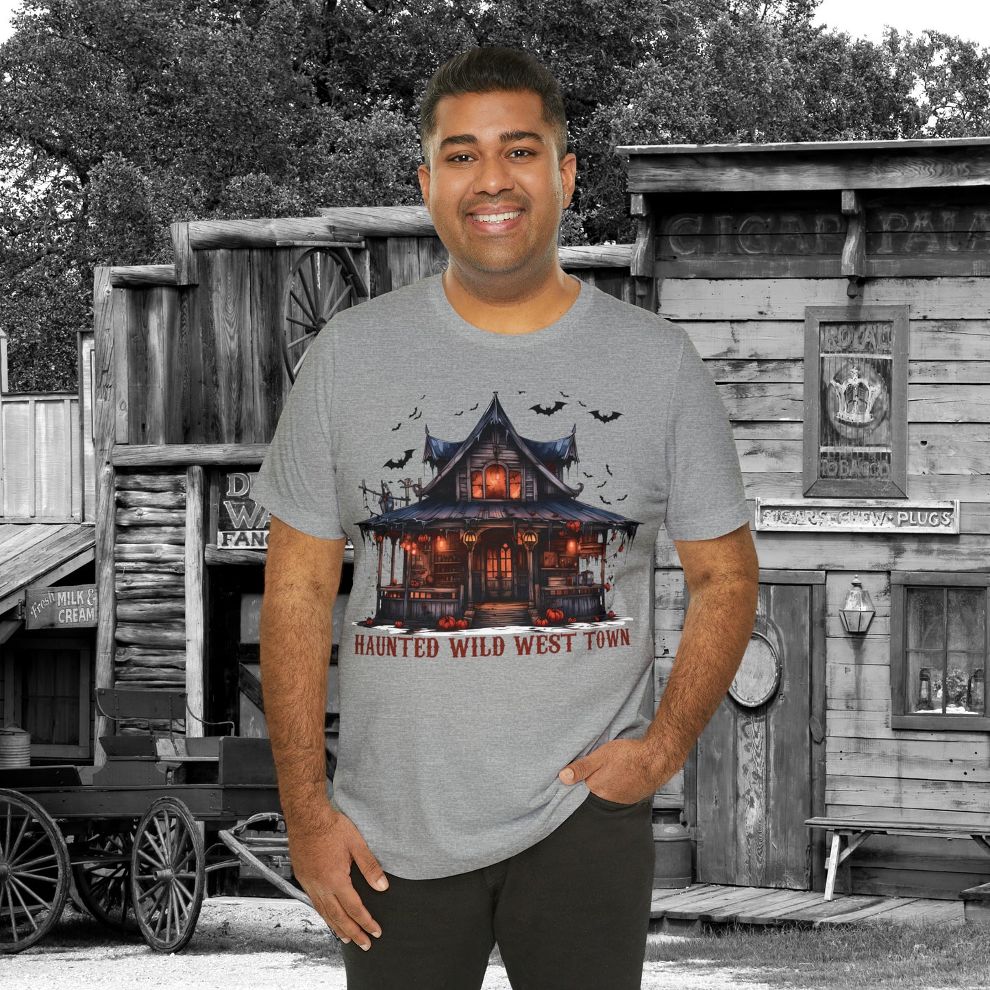 Haunted Wild West Town Halloween Western Unisex Jersey Short Sleeve Tee Gifts for Him Gifts For Her