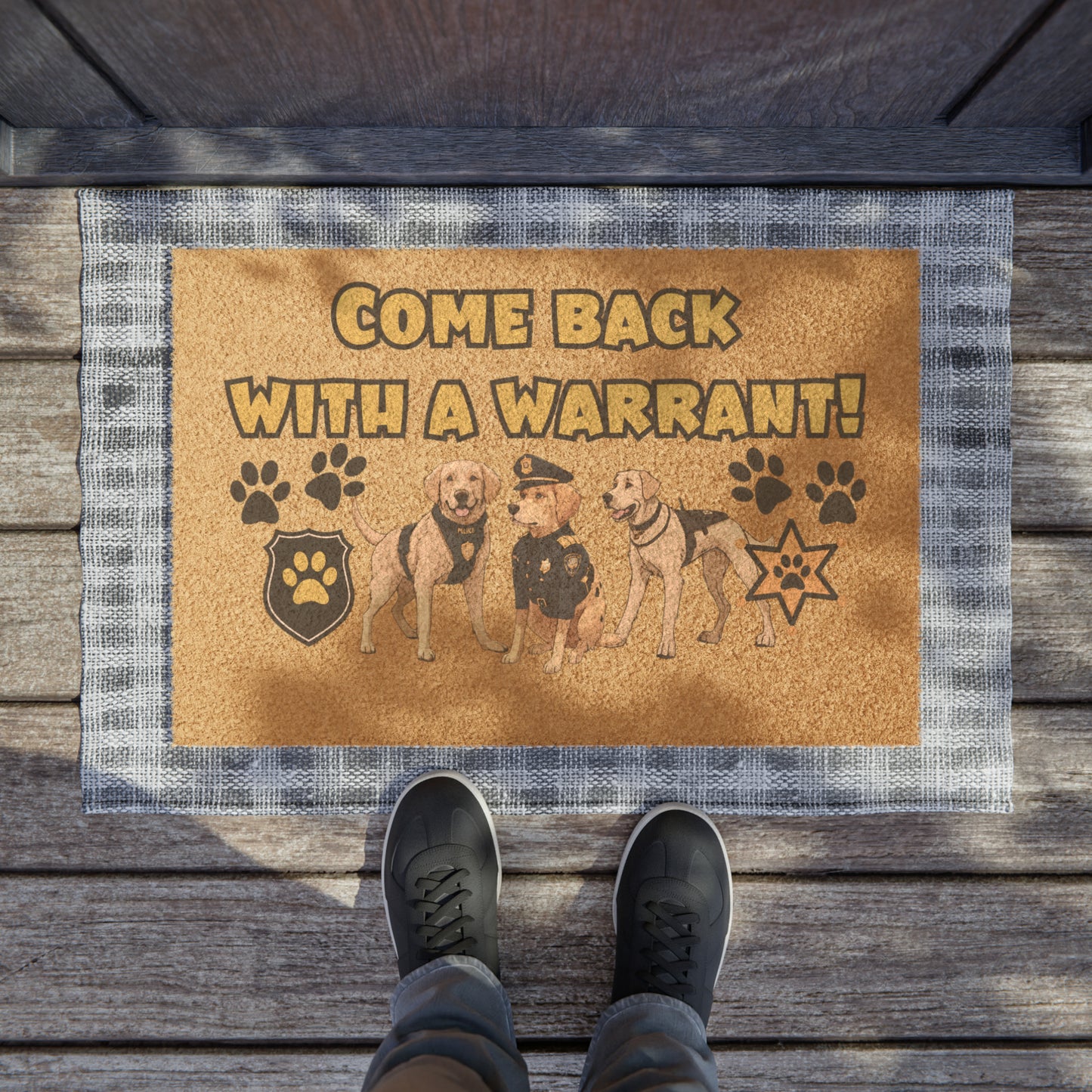 Come Back with a Warrant Blaze the Wonder Dog as a Police Officer with dog buddies Doormat | 24" x 16" | Coir Door Mat Labrador Retriever