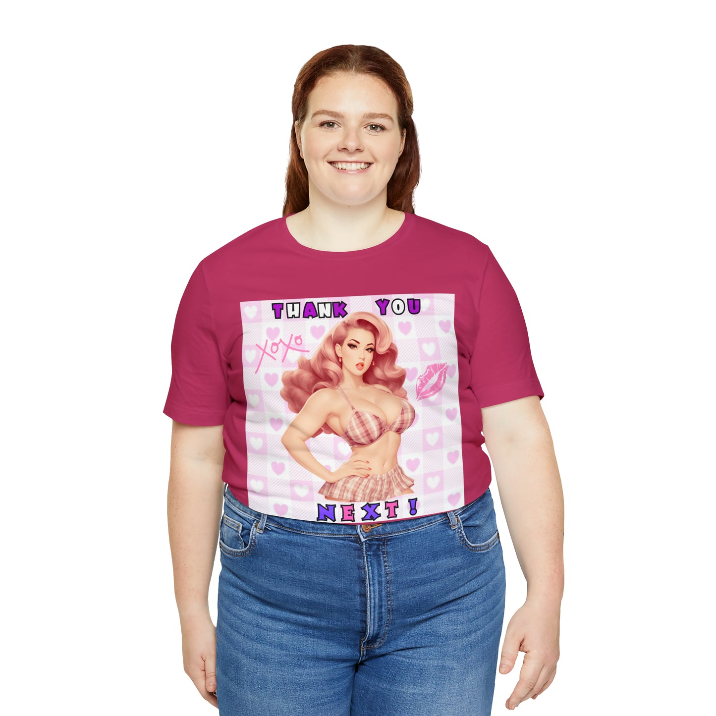 Timeless Elegance: Vintage Pink Pinup Girl "Thank You Next" on a Bella+Canva 3001 Unisex Jersey T-Shirt - A Must-Have Gift for her