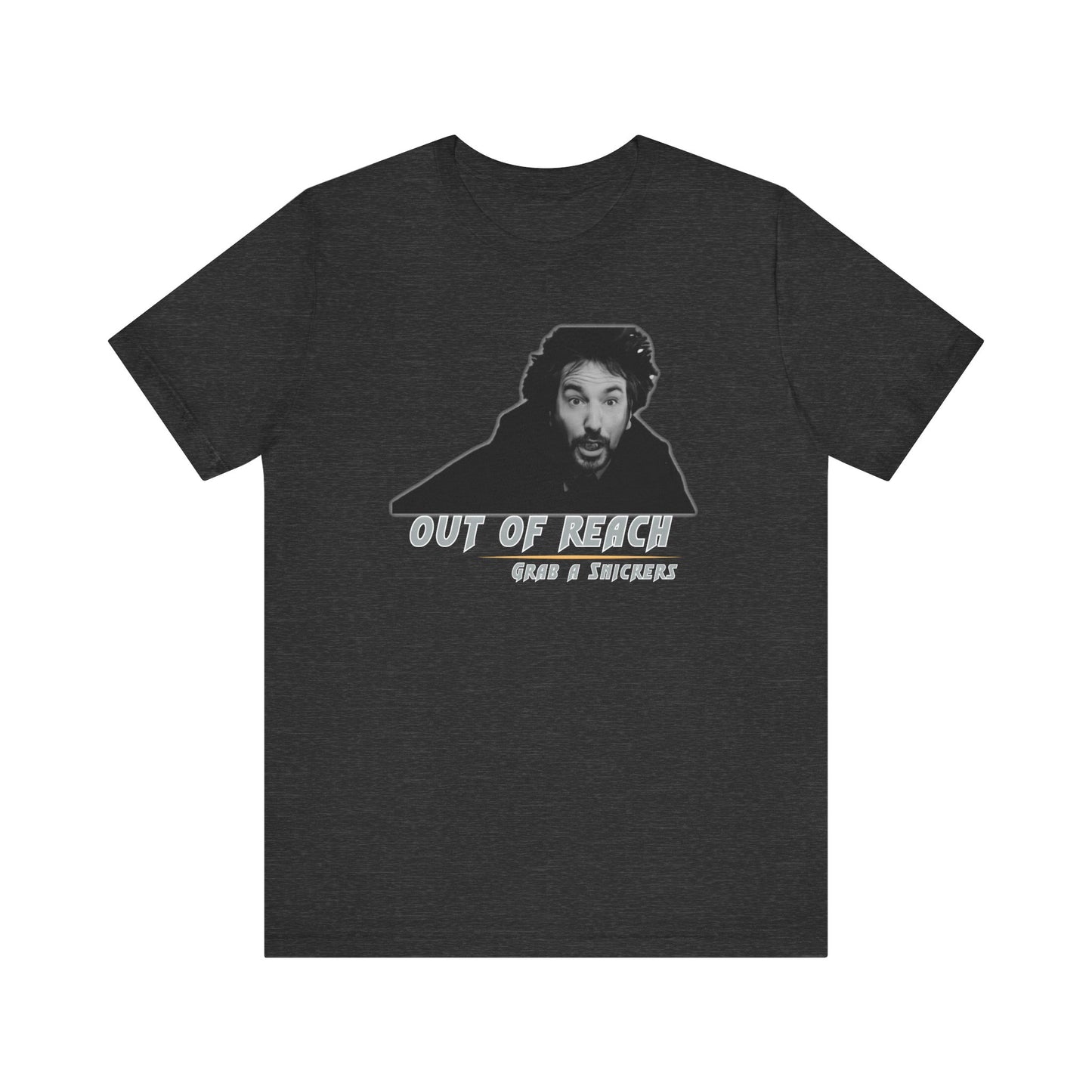 Inspired Parody Die Hard Hans Gruber Tee: Out of Reach, Grab a Snickers! Unisex Jersey Short Sleeve Tee