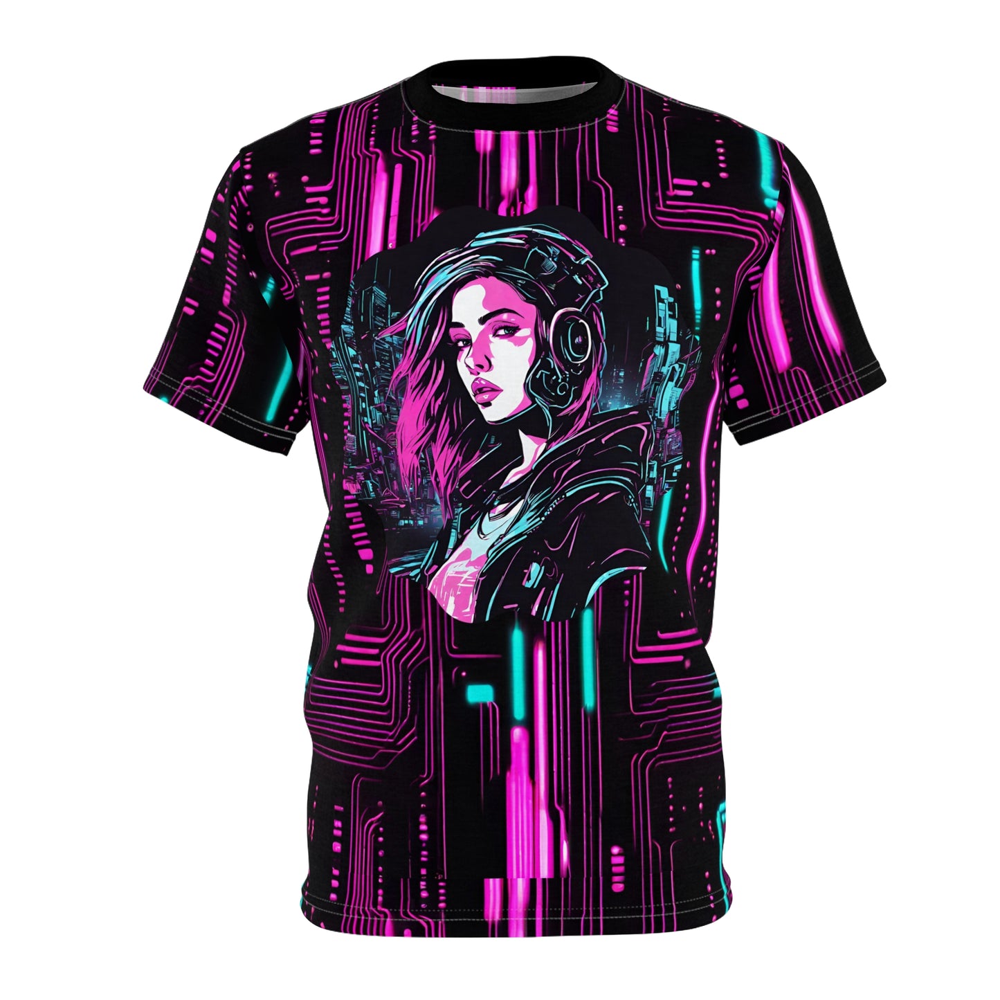 Cyberpunk Girl Unisex AOP Tee - Neon Lights & 3D Circuit Board Design