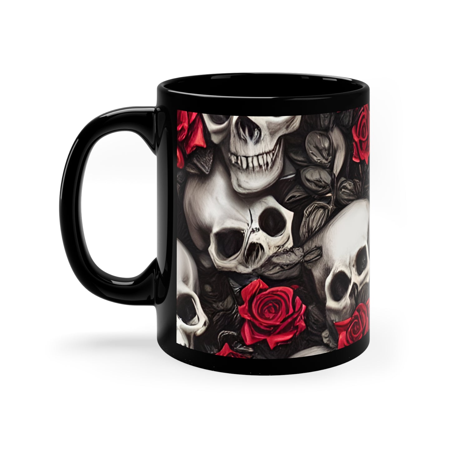 Hyper Realistic Skulls and Red Roses by artist Anne-Laure Goupil 11oz Black Mug