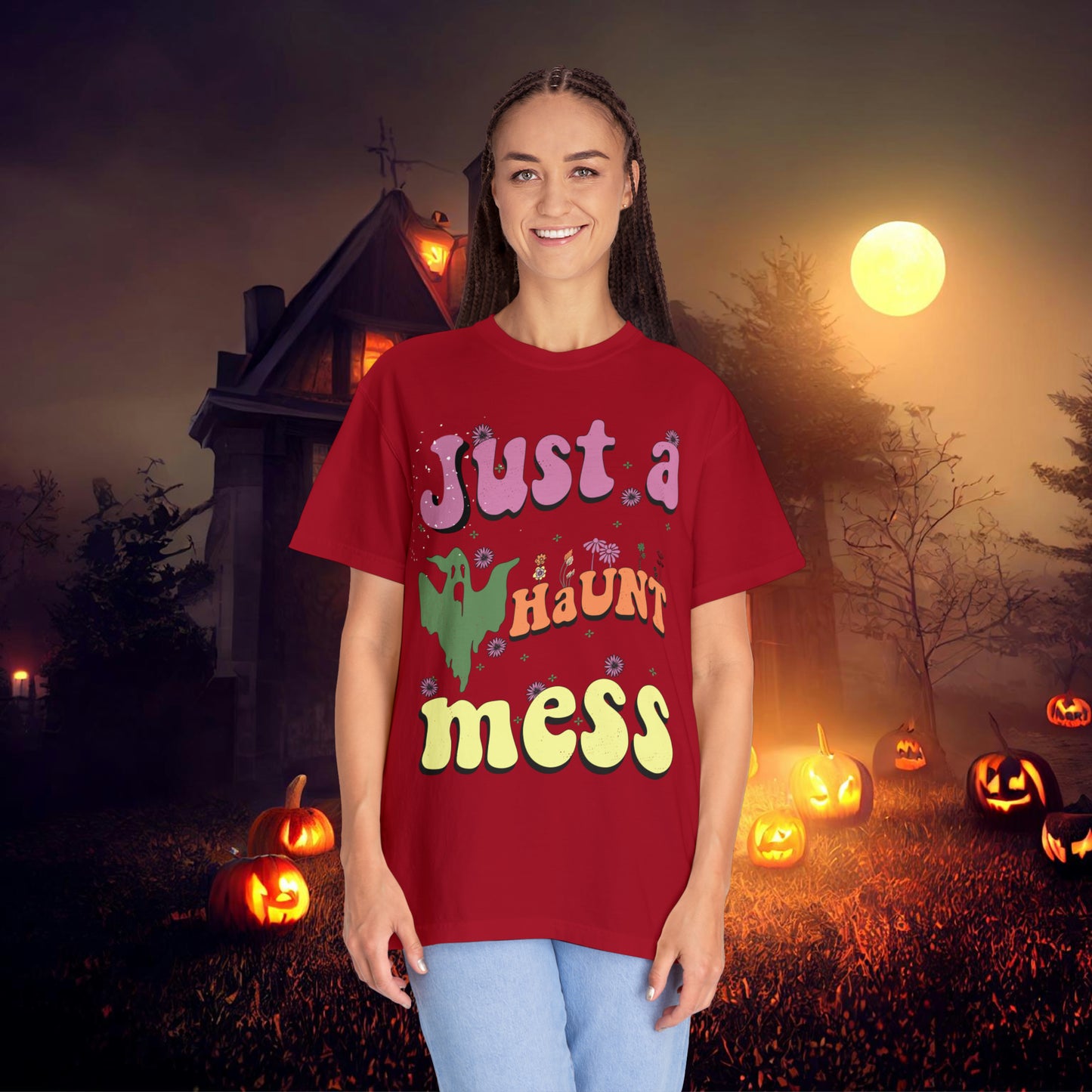 Just a Haunt Mess Retro Halloween Unisex Garment-Dyed T-shirt Gifts for Her Gifts for him