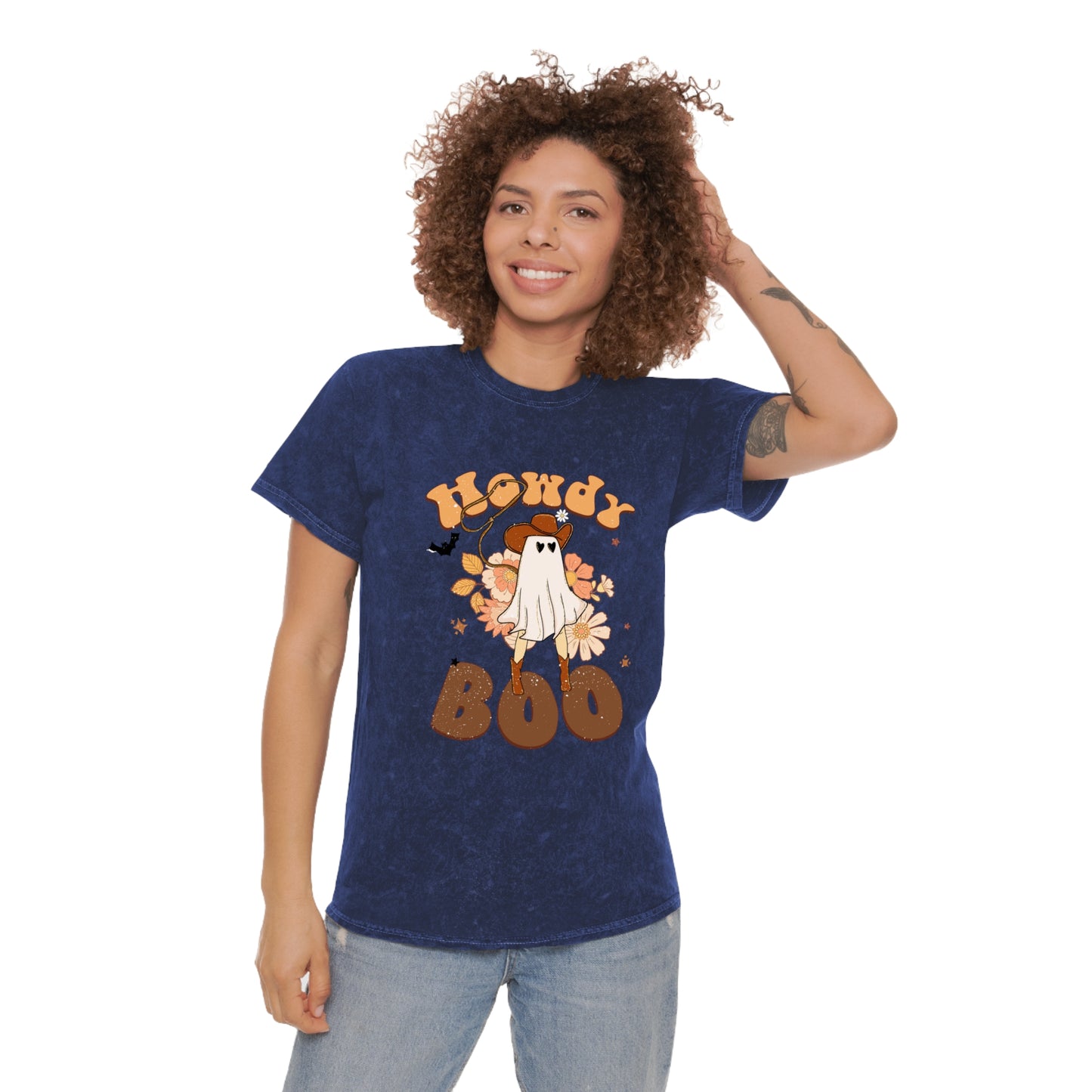 Ghost Cowboy saying Howdy Boo Retro Groovy Hallowen Unisex Mineral Wash T-Shirt Gifts for Her