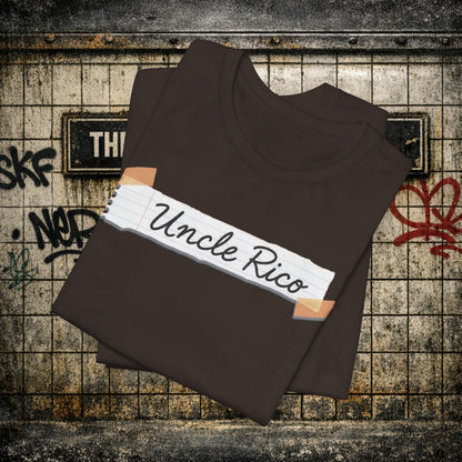 Uncle Rico Graphic Tee — Retro Notebook Tape Design