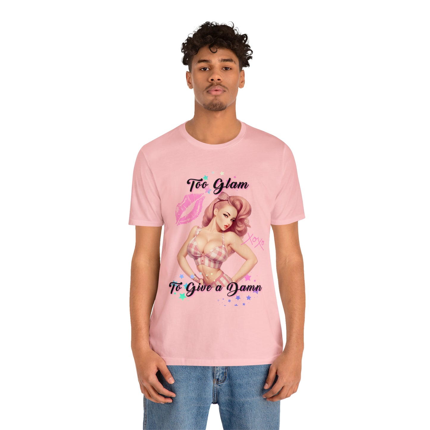 Vintage Pink Pinup Girl "Too Glam To Give a D*mn" on a Bella+Canva 3001 Unisex Jersey T-Shirt - A Must-Have Gift for her