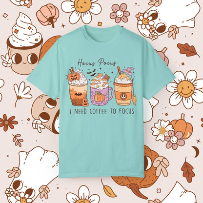 Hocus Pocus I need Coffee to Focus Retro Groovy Halloween Unisex Garment-Dyed T-shirt Gifts for Him Gifts for Her