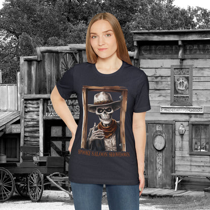 Spooky Saloon Showdown Gunslinging Skeleton Cowboy Halloween Unisex Jersey Short Sleeve Tee