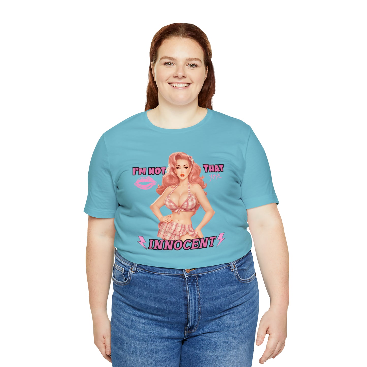 Timeless Elegance: Vintage Pink Pinup Girl "I'm not that Innocent on a Bella+Canva 3001 Unisex Jersey T-Shirt - A Must-Have Gift for her