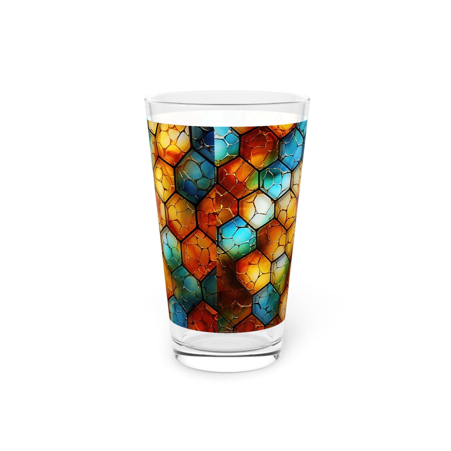 Buzzing Beauty: A Blue and Yellow Honeycomb Stained Glass Artwork on a 16oz Pint Glass Gift idea gifts for home decor housewarming gift