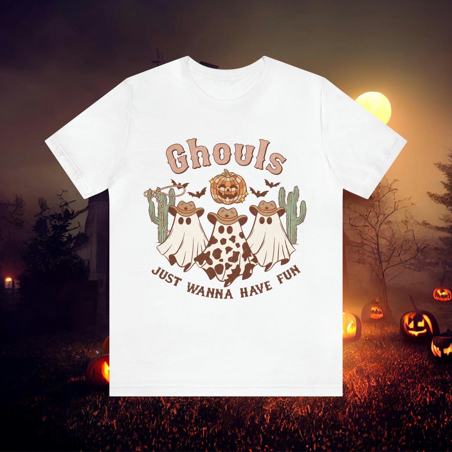 Ghouls Just wanna have fun Cowgirl Ghosts Retro Halloween Unisex Jersey Short Sleeve Tee Gifts for her