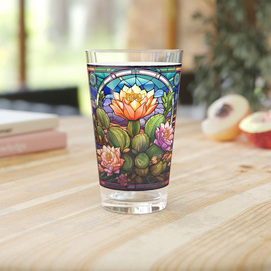 Desert Bloom: A Stained Glass Tribute to Cacti 16oz Pint Glass Gift idea gifts for home decor housewarming gift