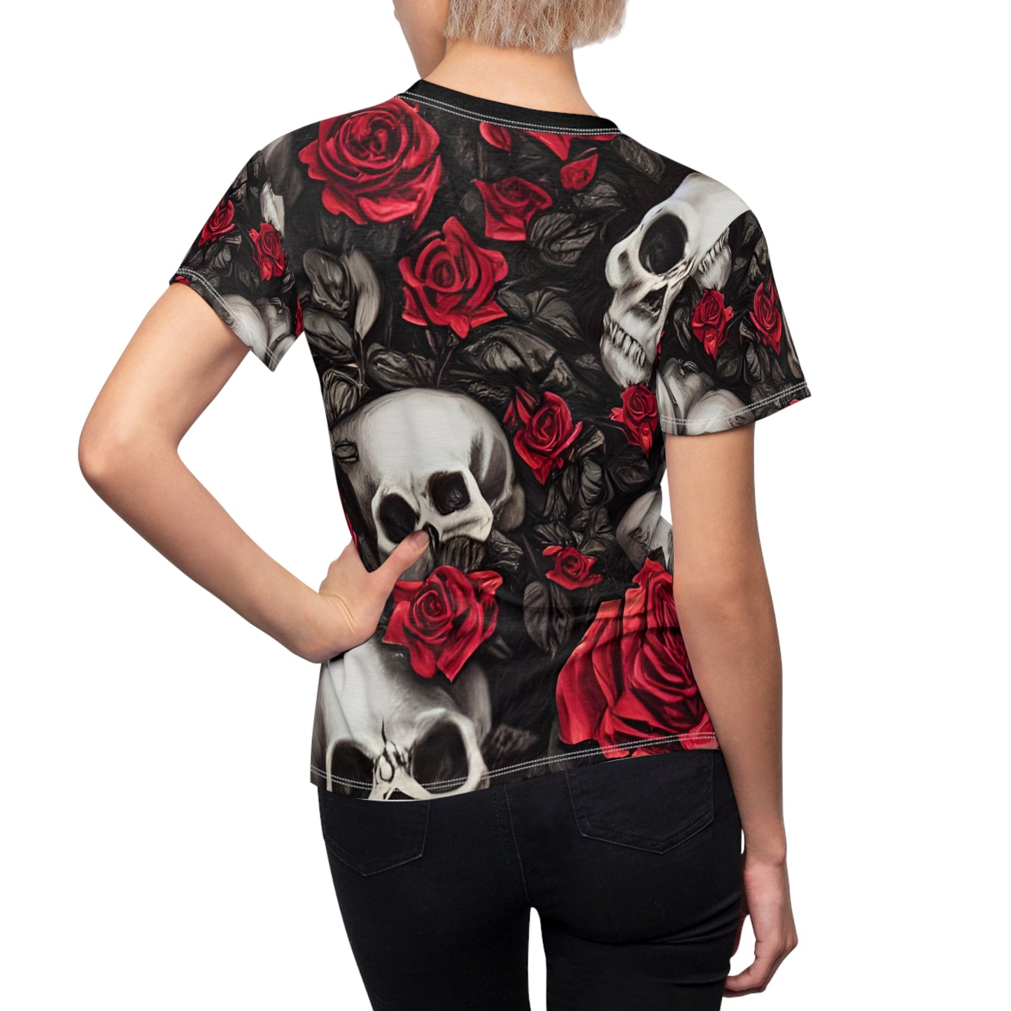 Hyper Realistic Skulls and Red Roses by artist Anne-Laure Goupil Women's Cut & Sew Tee (AOP)