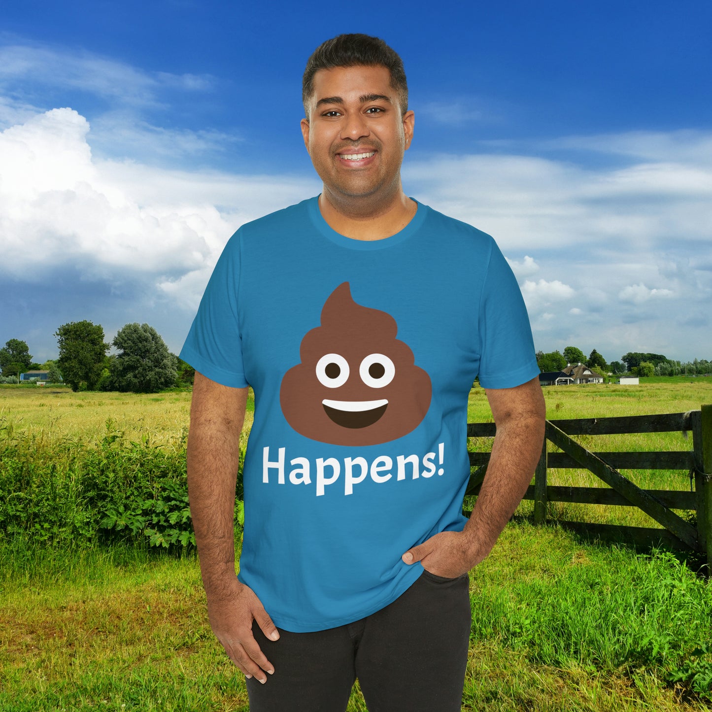 Embrace the Inevitable: 'Happens' Poop Emoji Unisex Jersey T-Shirt