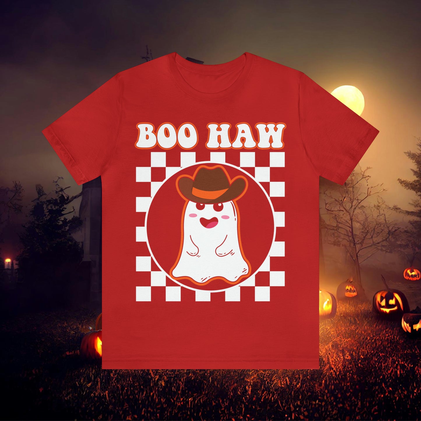 Cute Cowboy Ghost Saying Boo Haw Retro Groovy Western Halloween Unisex Jersey Short Sleeve Tee Gifts for Him Gifts For Her