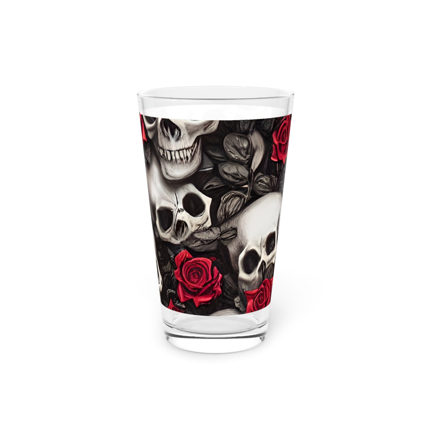 Hyper Realistic Skulls and Red Roses by artist Anne-Laure Goupil Pint Glass, 16oz