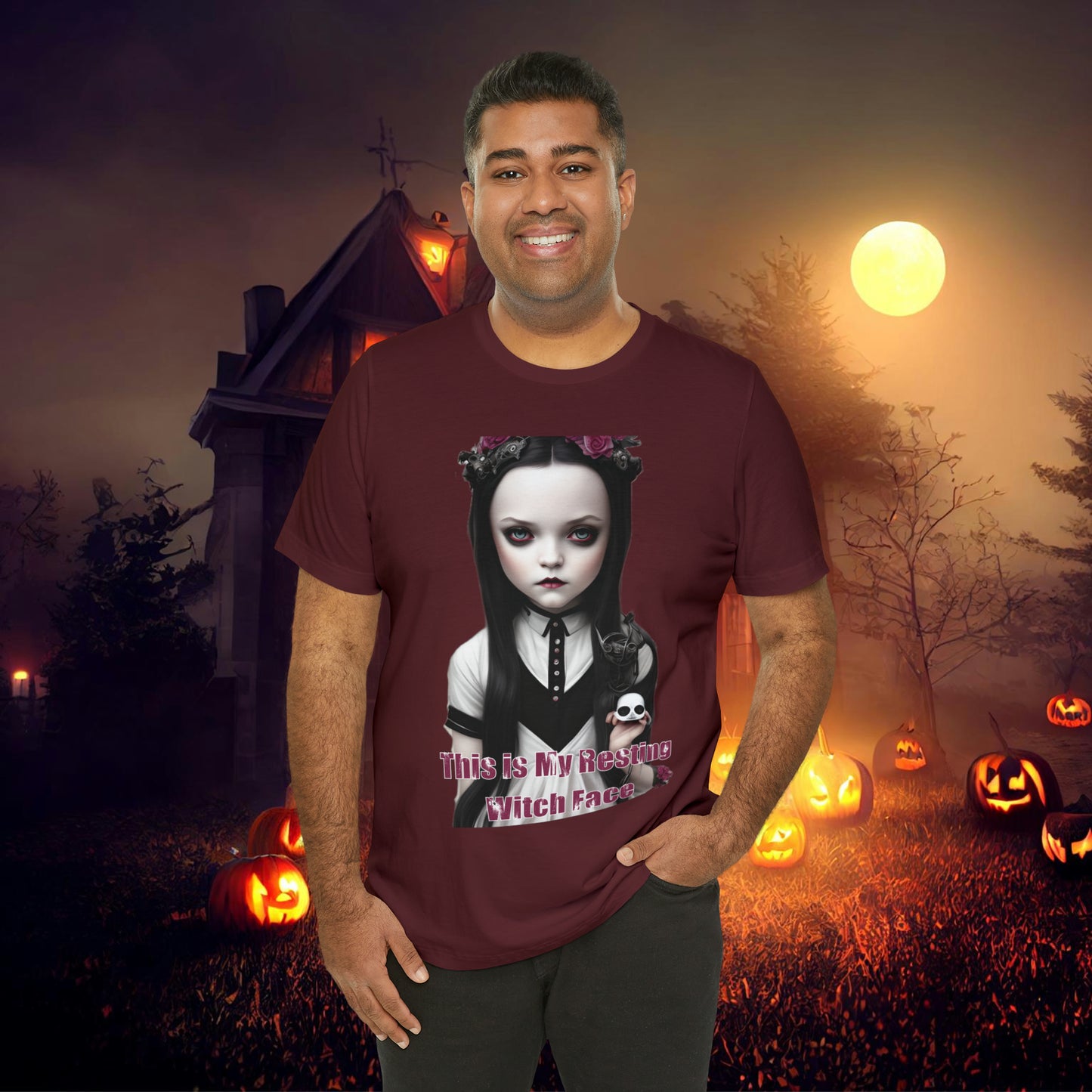 Wednesday Addams Chibi by Charlie Bowater This Is my Resting Witch Face Halloween Unisex Jersey Short Sleeve Tee