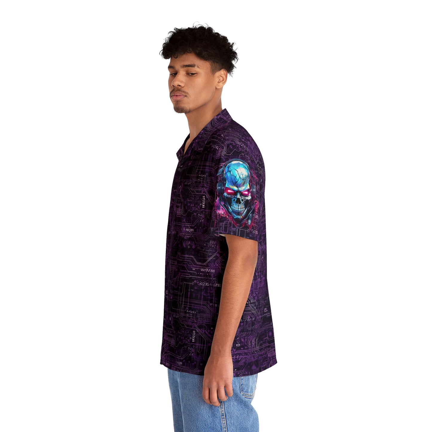 CyberPunk Cybernetic Skull breaking through a Purple Neon Circuit Board Men's Hawaiian Shirt (AOP)