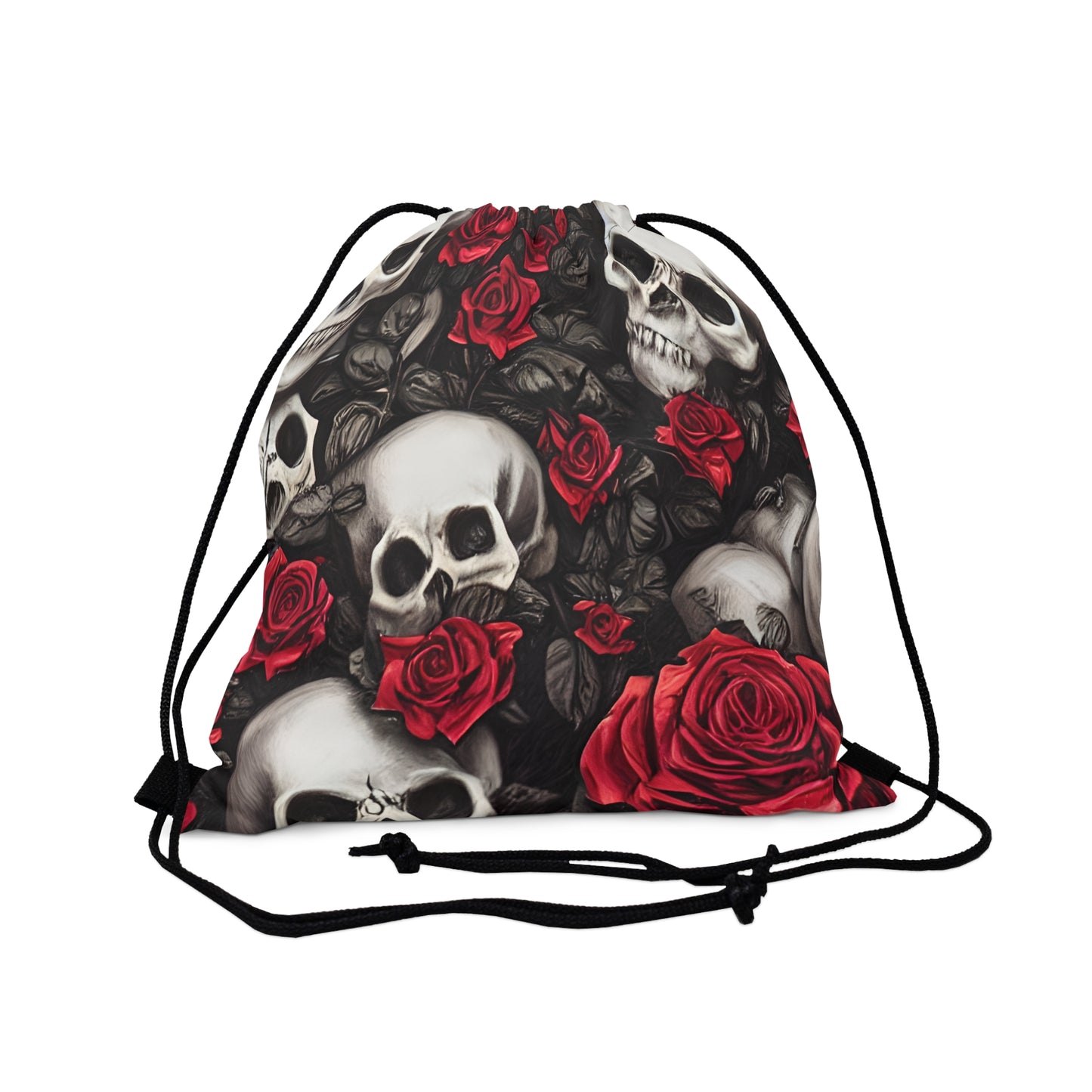 Hyper Realistic Skulls and Red Roses by artist Anne-Laure Outdoor Drawstring Bag