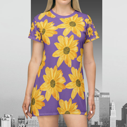 Yellow Flowers on Purple T-Shirt Dress (AOP)