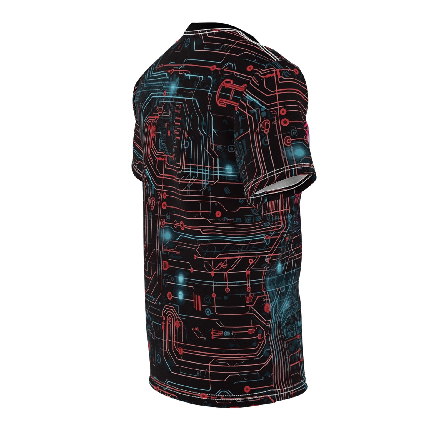 CyberPunk Cybernetic Skull breaking through a Red and Blue Neon Circuit Board Unisex Cut & Sew Tee (AOP)