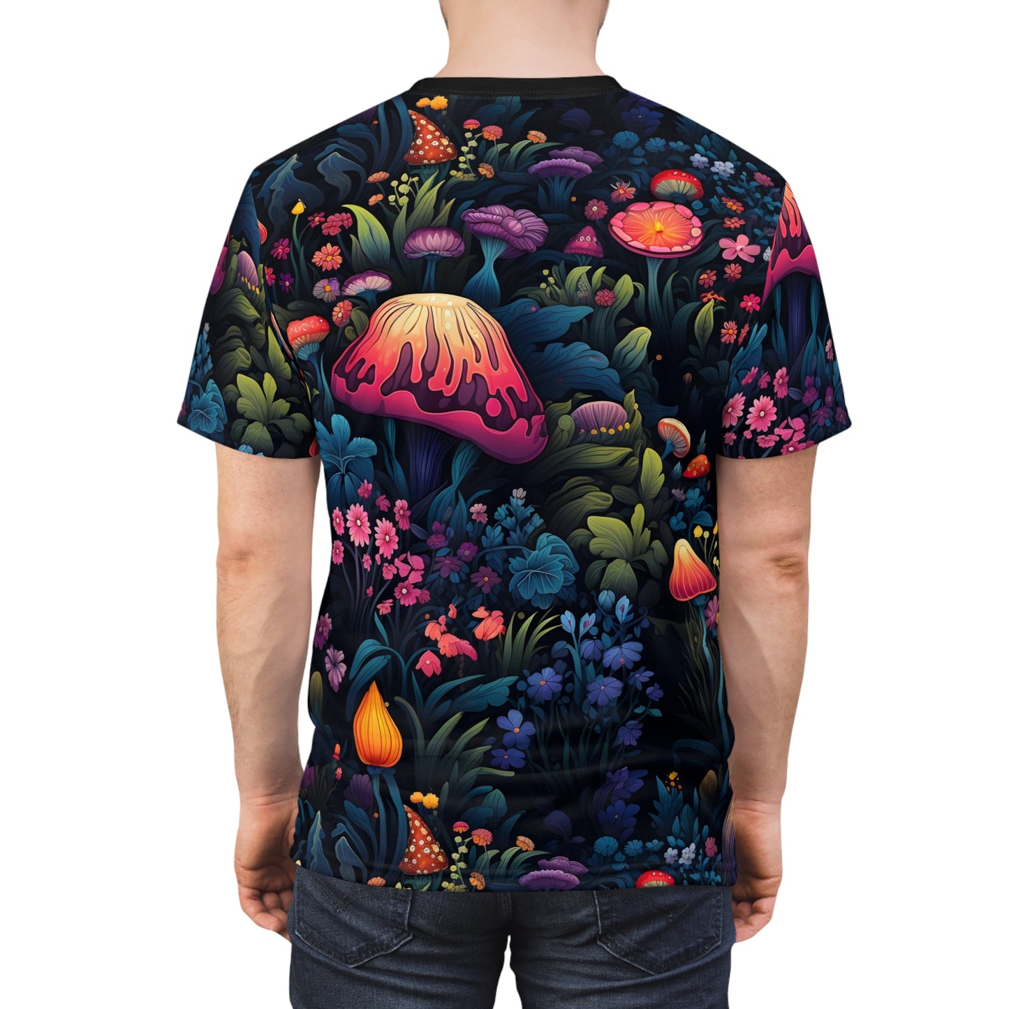 Magical Fairy Forest with Colorful Mushrooms and a little Gnome Girl Unisex Cut & Sew Tee (AOP)