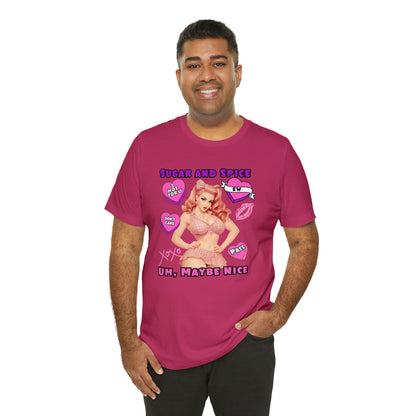 Sarcastic Elegance: Vintage Pink Pinup Girl "Sugar and Spice" on a Bella+Canva 3001 Unisex Jersey T-Shirt - A Must-Have Gift for her