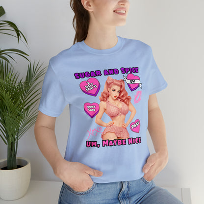 Sarcastic Elegance: Vintage Pink Pinup Girl "Sugar and Spice" on a Bella+Canva 3001 Unisex Jersey T-Shirt - A Must-Have Gift for her