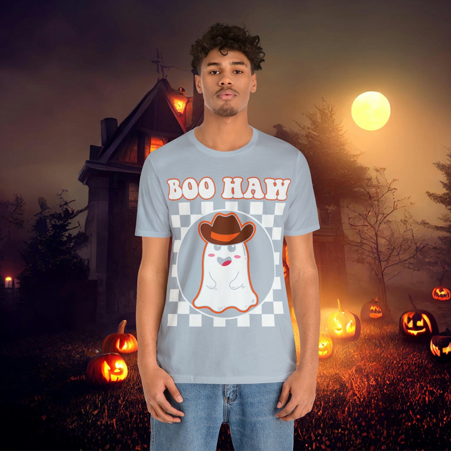 Cute Cowboy Ghost Saying Boo Haw Retro Groovy Western Halloween Unisex Jersey Short Sleeve Tee Gifts for Him Gifts For Her