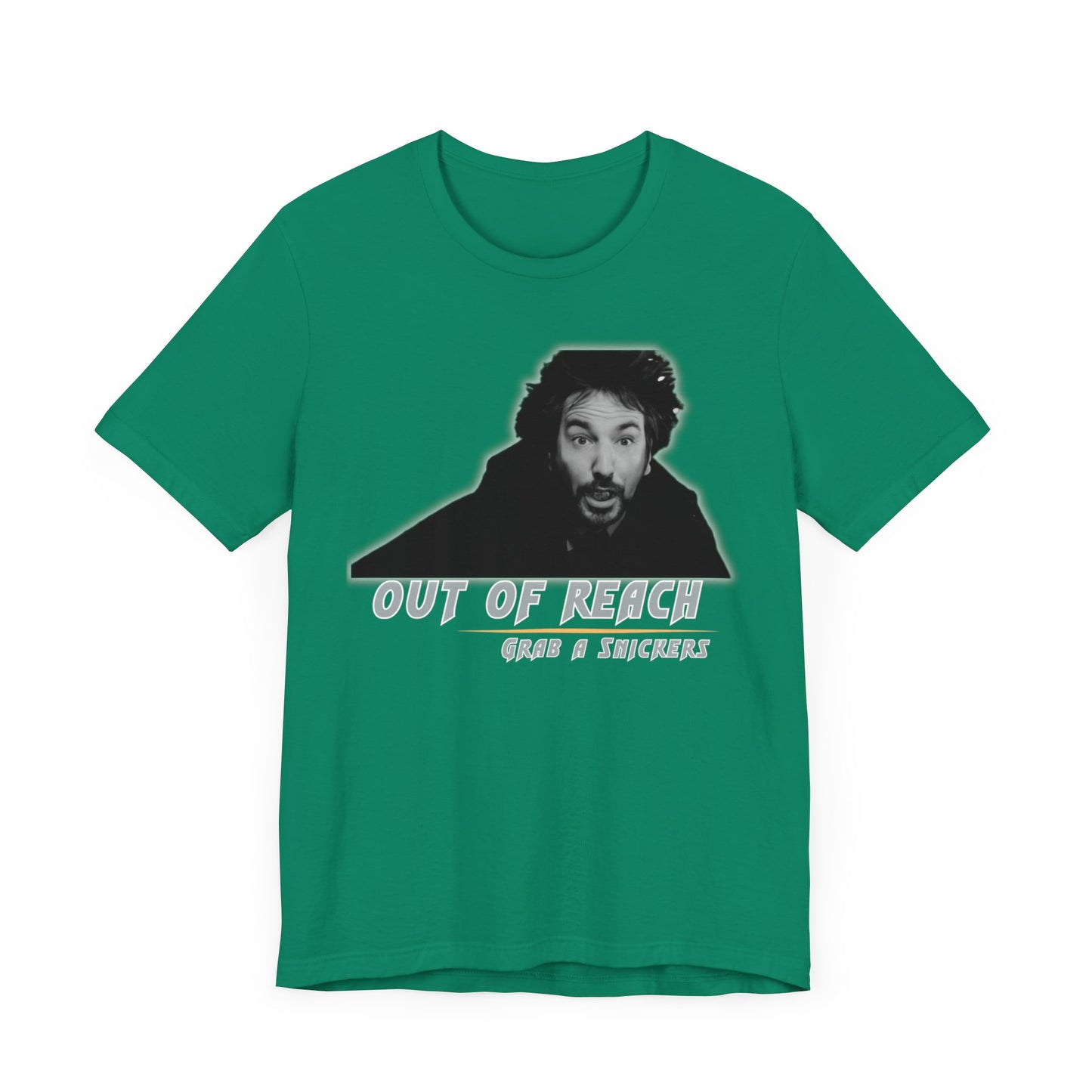 Inspired Parody Die Hard Hans Gruber Tee: Out of Reach, Grab a Snickers! Unisex Jersey Short Sleeve Tee