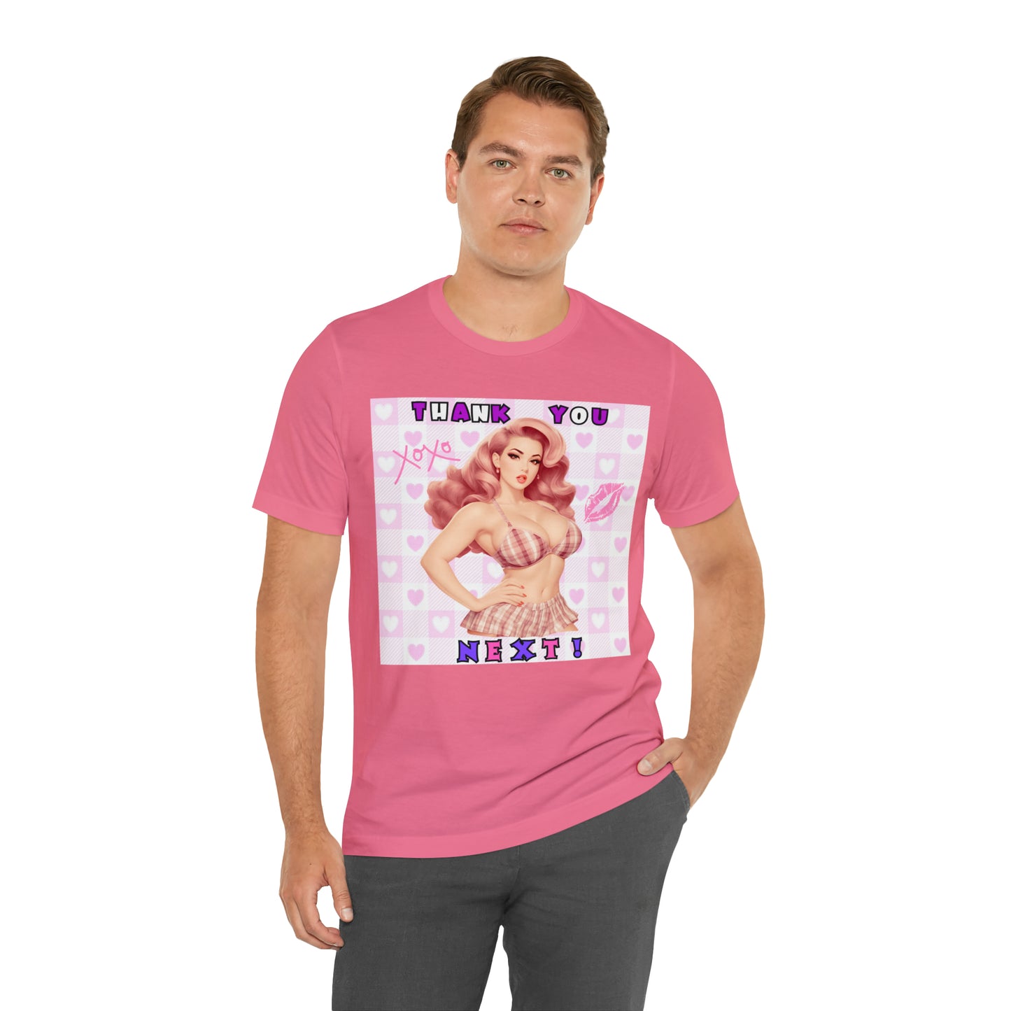 Timeless Elegance: Vintage Pink Pinup Girl "Thank You Next" on a Bella+Canva 3001 Unisex Jersey T-Shirt - A Must-Have Gift for her