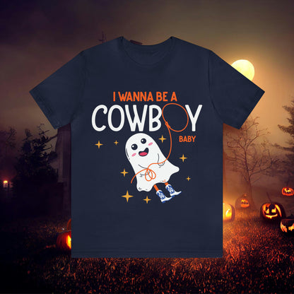 Little Ghost Saying I wanna be a cowboy baby Retro Groovy Western Halloween Unisex Jersey Short Sleeve Tee Gifts for Him Gifts for her.