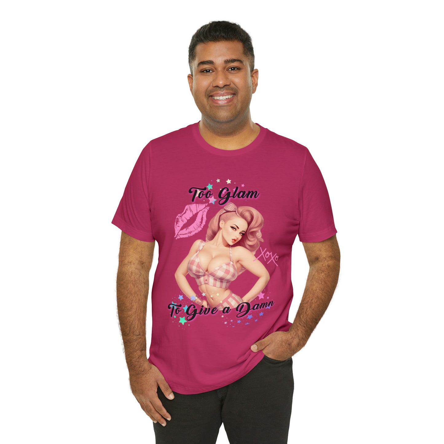 Vintage Pink Pinup Girl "Too Glam To Give a D*mn" on a Bella+Canva 3001 Unisex Jersey T-Shirt - A Must-Have Gift for her