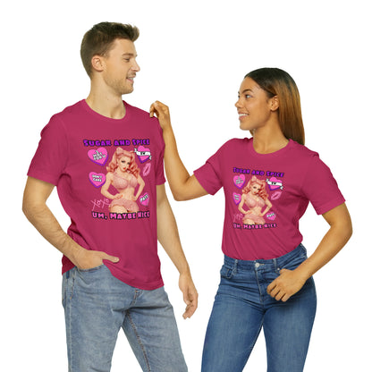 Sarcastic Elegance: Vintage Pink Pinup Girl "Sugar and Spice" on a Bella+Canva 3001 Unisex Jersey T-Shirt - A Must-Have Gift for her