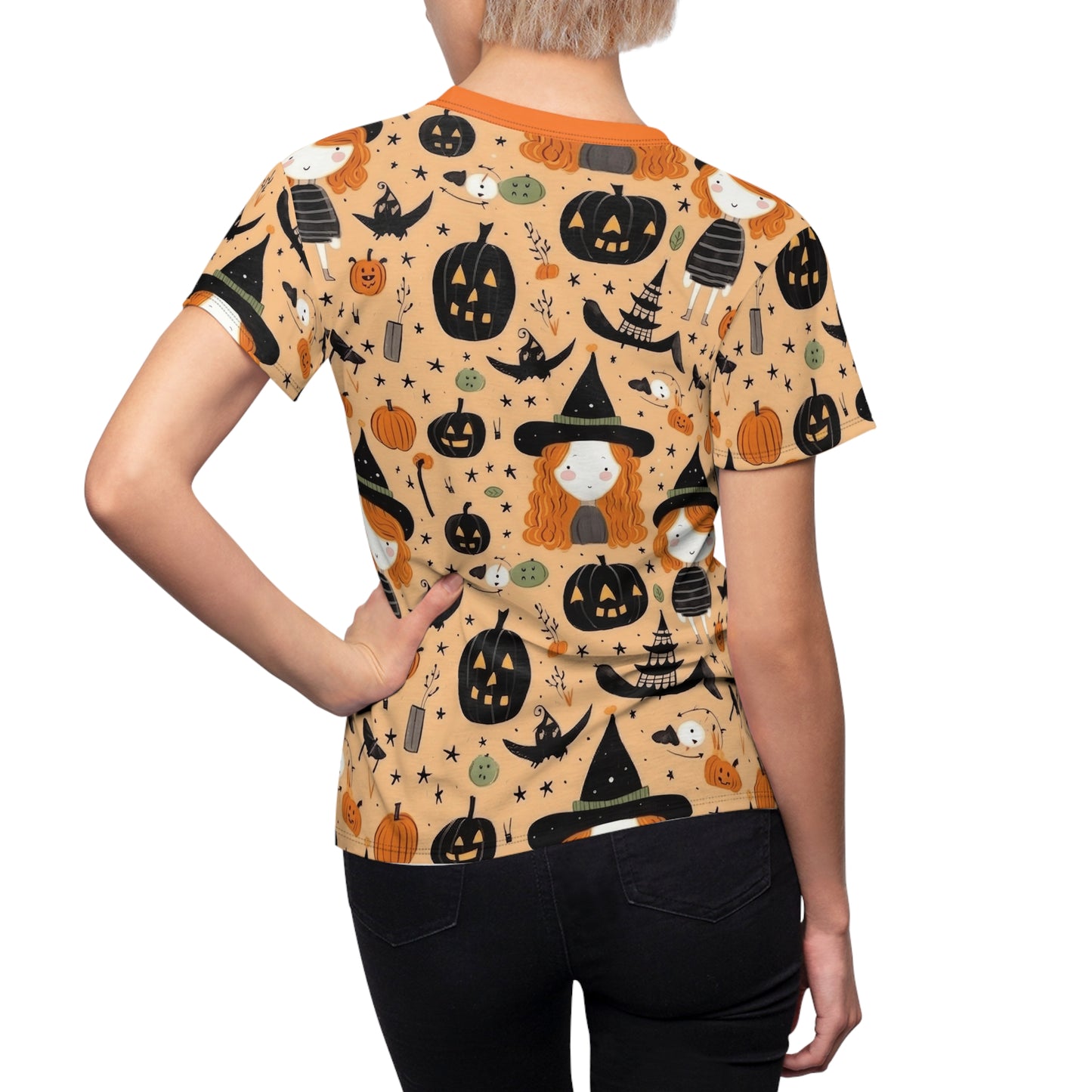 Halloween Trick or Treat Ghosts Witch Hats Jack o Lanterns Women's Cut & Sew Tee (AOP)