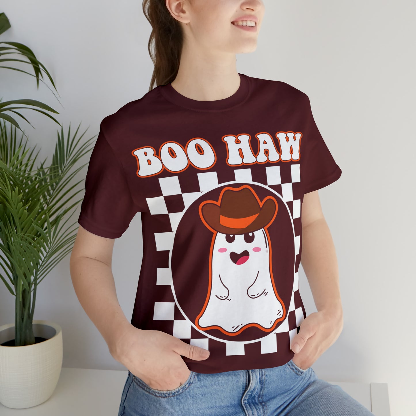 Cute Cowboy Ghost Saying Boo Haw Retro Groovy Western Halloween Unisex Jersey Short Sleeve Tee Gifts for Him Gifts For Her