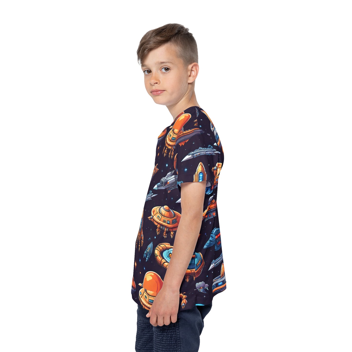 Launch into Playtime: All Over Print Kid Sport Jersey with Space Ships