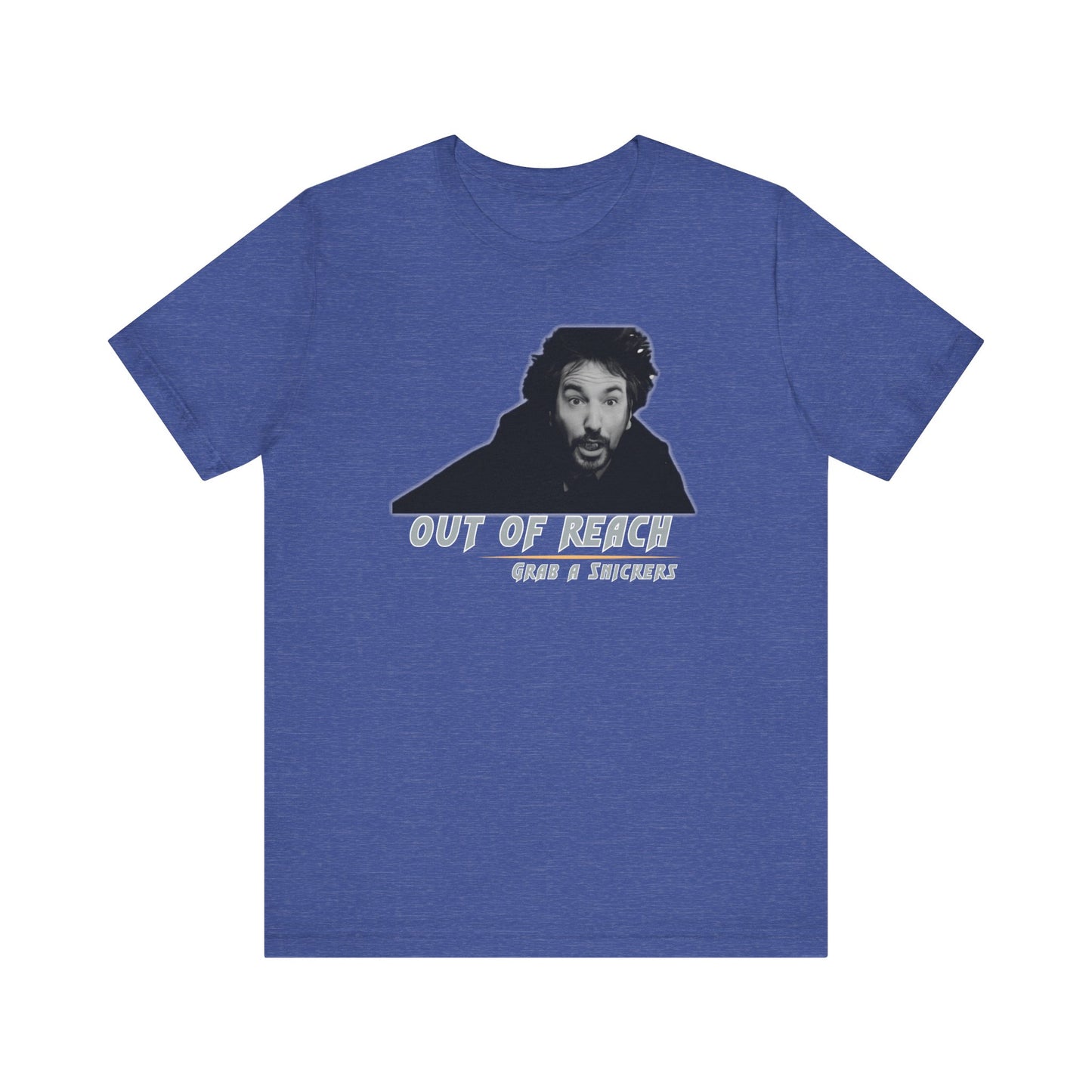 Inspired Parody Die Hard Hans Gruber Tee: Out of Reach, Grab a Snickers! Unisex Jersey Short Sleeve Tee