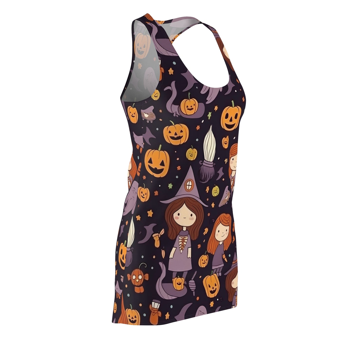 Halloween Trick or Treat Ghosts Witch Hats Jack o Lanterns Women's Cut & Sew Racerback Dress (AOP)