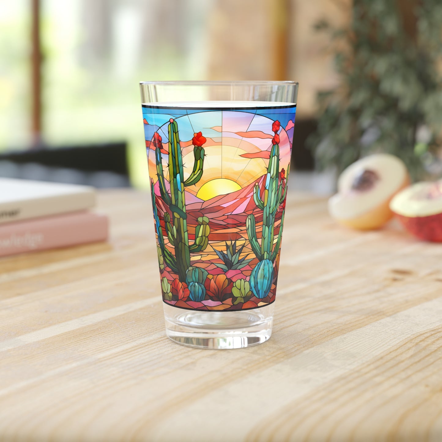 Desert with a Cactus Bloom: A Stained Glass Tribute to Cacti 16oz Pint Glass Gift idea gifts for home decor housewarming gift