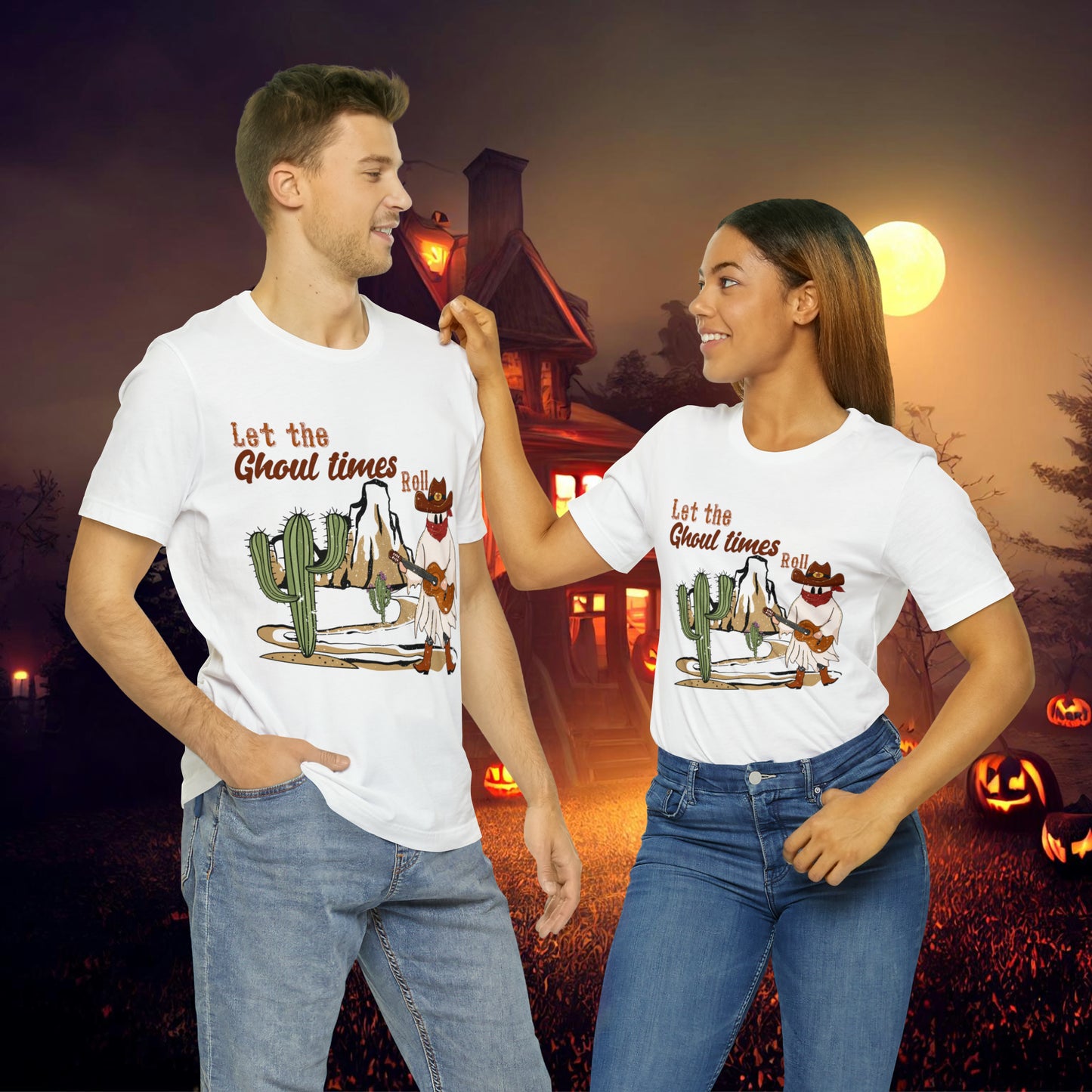 Cowboy Ghost playing the Guitar singing Let the Ghoul times roll Halloween Unisex Jersey Short Sleeve Tee Gifts for him Gifts for Her