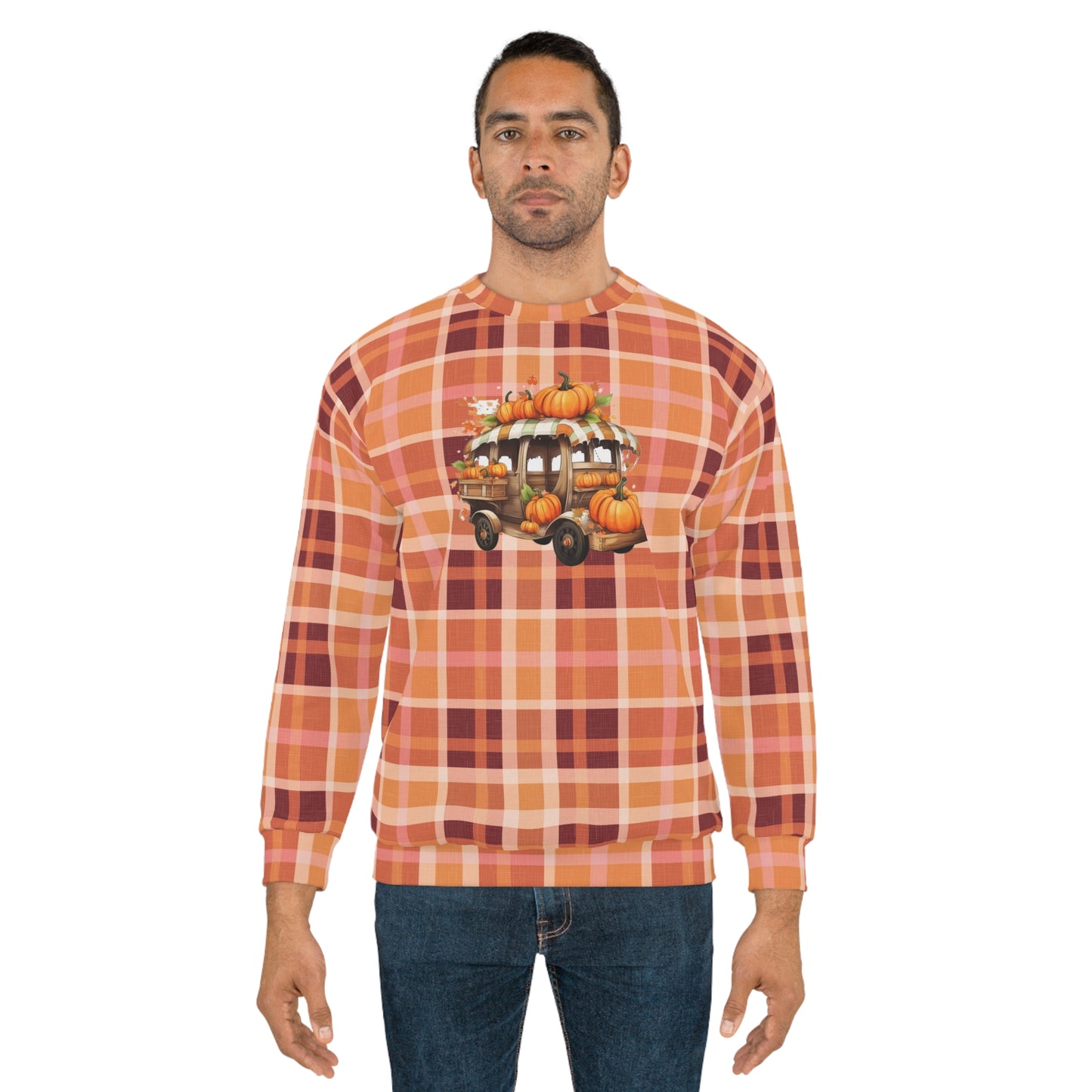 Vintage Mobile Stand and Pumpkins Plaid Unisex Fall Sweatshirt (AOP) - Embrace Autumn's Cozy Charm