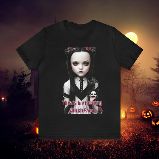 Wednesday Addams Chibi by Charlie Bowater This Is my Resting Witch Face Halloween Unisex Jersey Short Sleeve Tee